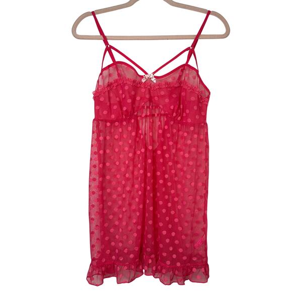L Betsey Johnson Sheer Pink Polka Dot Mesh Slip Dress Cherry Bow Coquette Kawaii - Picture 1 of 8